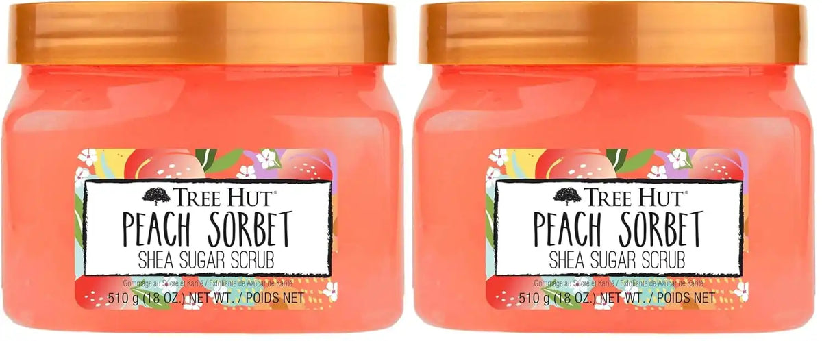 Tree Hut Peach Sorbet Shea Sugar Scrub, Exfoliating, Hydrating & Moisturizing Body Scrub with Shea Butter & Nourishing Essential Oils, Smooth & Soften Skin, 18 oz (Pack of 2)